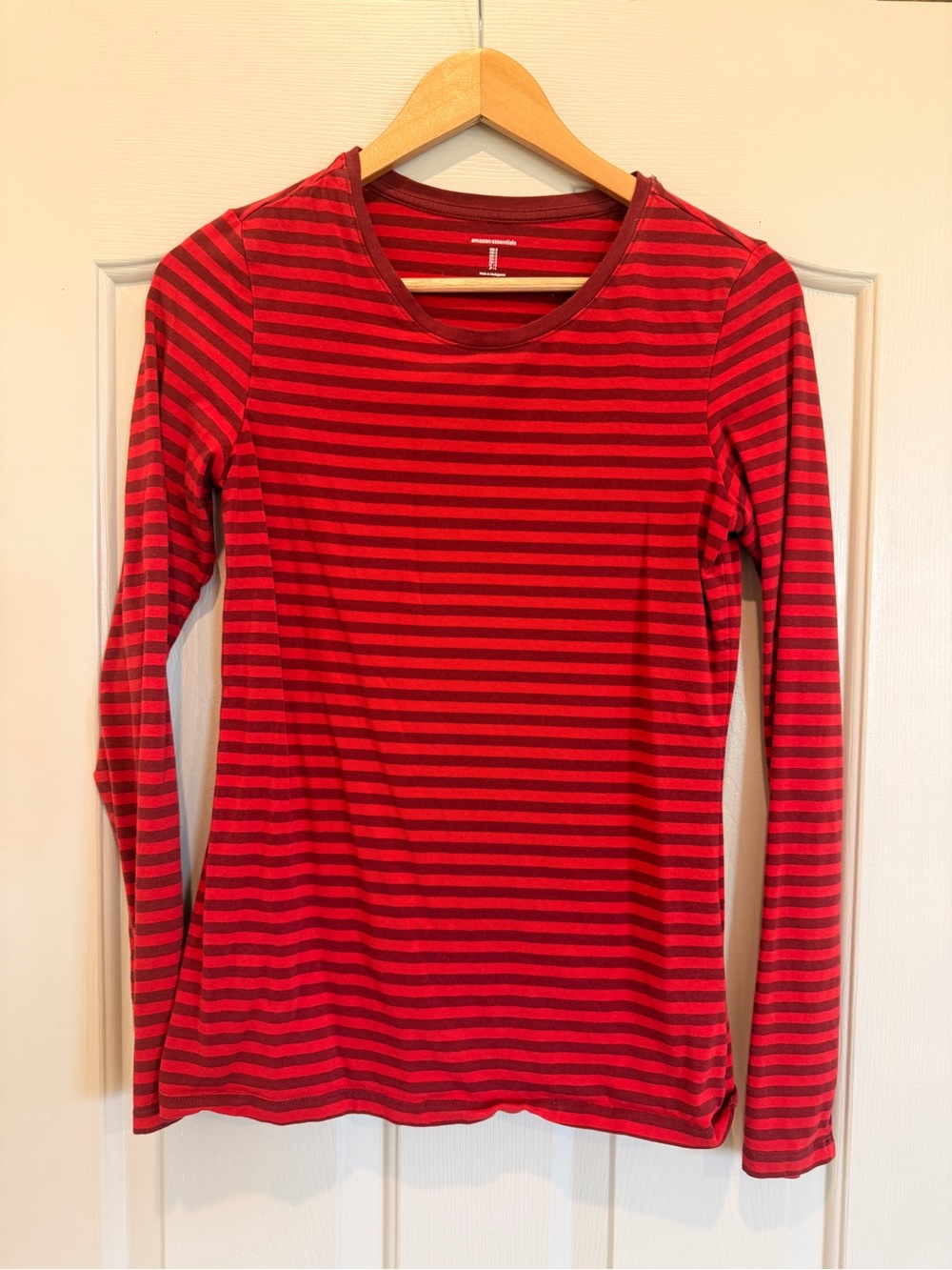 Amazon Essentials Red and Dark Gray Striped Long-Sleeve Crewneck